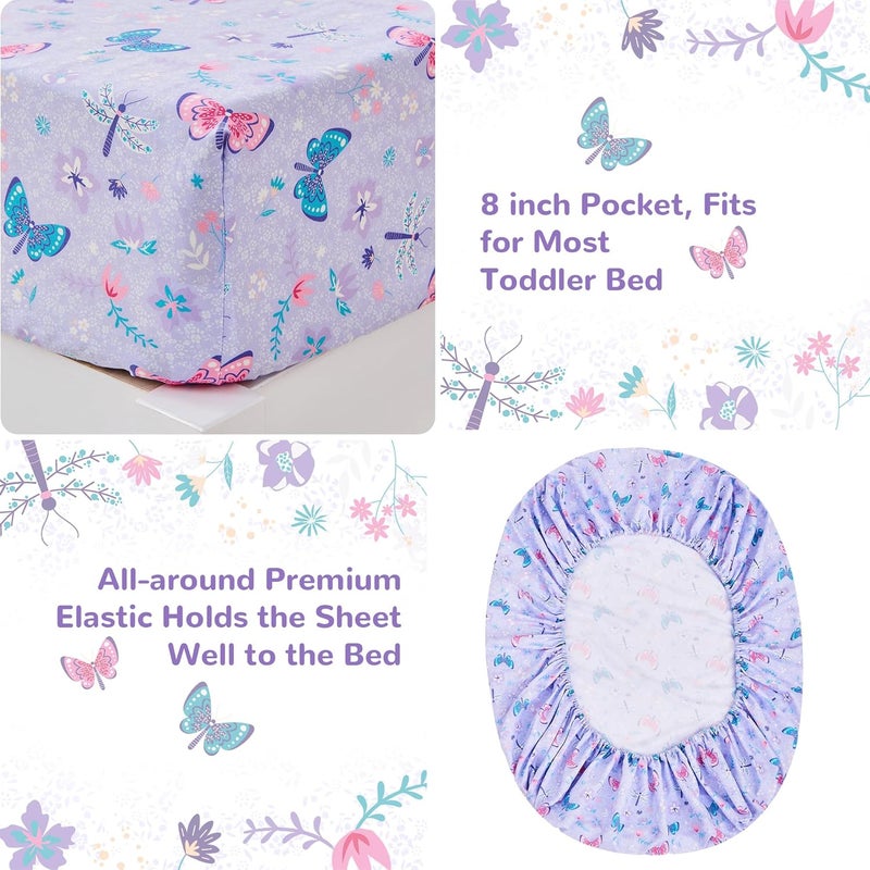lasoftan Butterfly Toddler Bedding Set for Girls, 4 Piece Bed-in-a-Bag Toddler Comforter Sets, Super Soft Comforter Sheet Set and Comfortable Microfiber Toddler Bed Set - Image 3